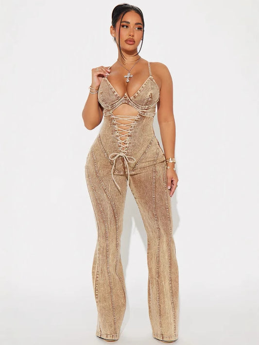 Fashion Hollow Strap Waist Denim Jumpsuit