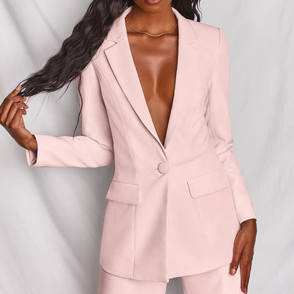 Womens Long Sleeve Blazer Straight Leg Pants Suit Autumn Elegant Trousers Set