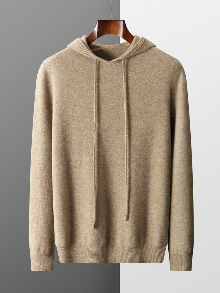 Mens Hooded Cashmere Blend Sweater Solid Color Long Sleeve Knit Pullover