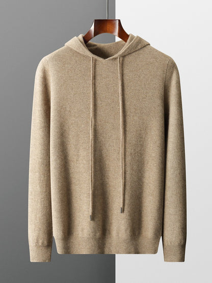Mens Hooded Cashmere Blend Sweater Solid Color Long Sleeve Knit Pullover