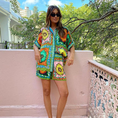Casual Fashionable printed daisy flower shorts and shirt two sets