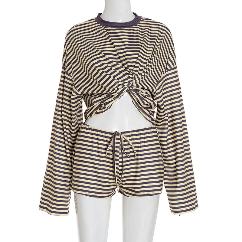 Long Sleeve Fitted Hoodie with Tie Waist and Trimmed Shorts Set