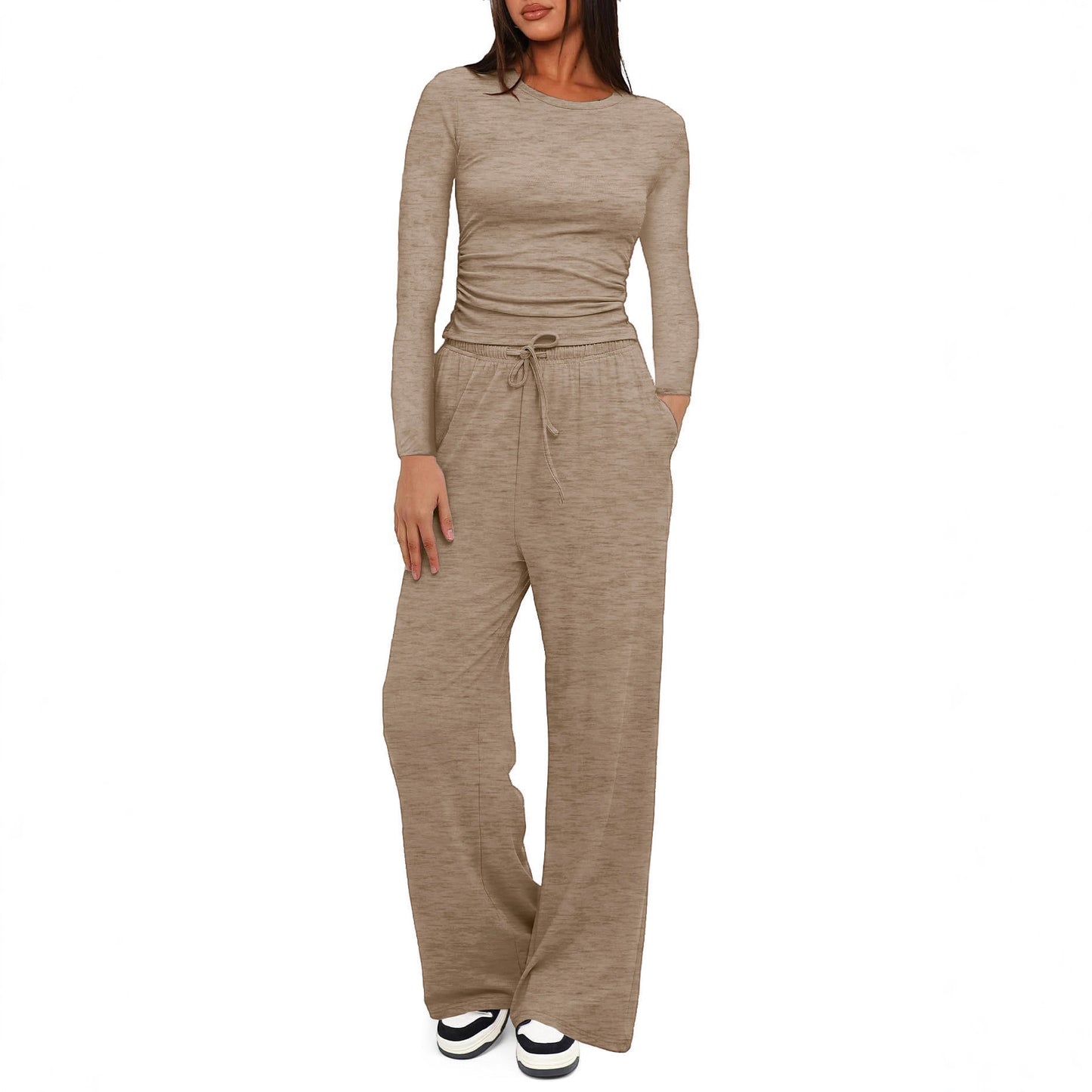 Casual Solid Color Long Sleeve Top & High-Waisted Wide Leg Pants Set Sportswear