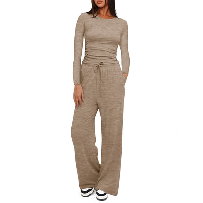 Casual Solid Color Long Sleeve Top & High-Waisted Wide Leg Pants Set Sportswear