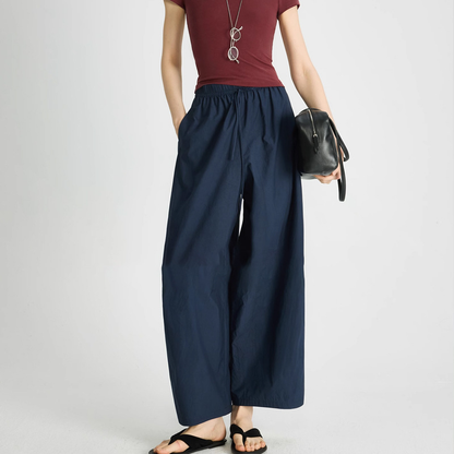 Casual Split Arc Eight-Part Balloon Pants with Drawstring Elastic Waist, Lightweight Silk and Pima Cotton Blend, Versatile Fit