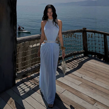 Rhinestone Halter Neck Backless Long Dress