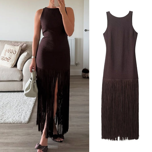 Retro jurk met kwastjes en open rug