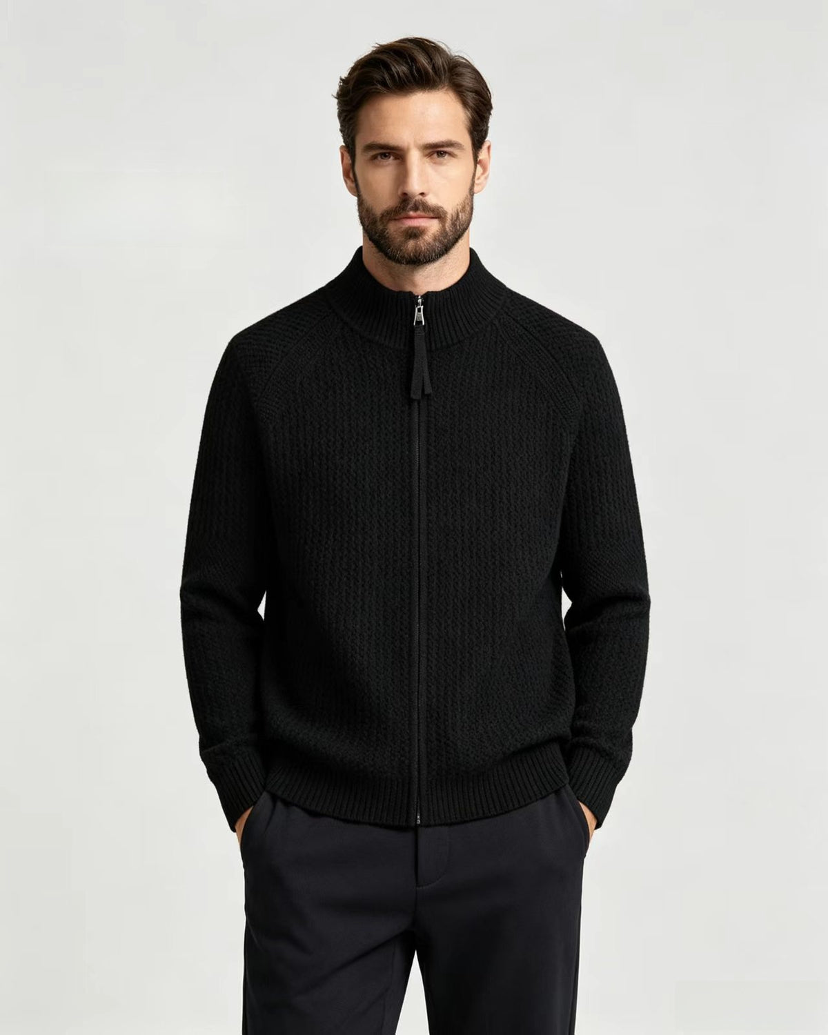 Mens Stand Collar Zip Up Knit Cardigan