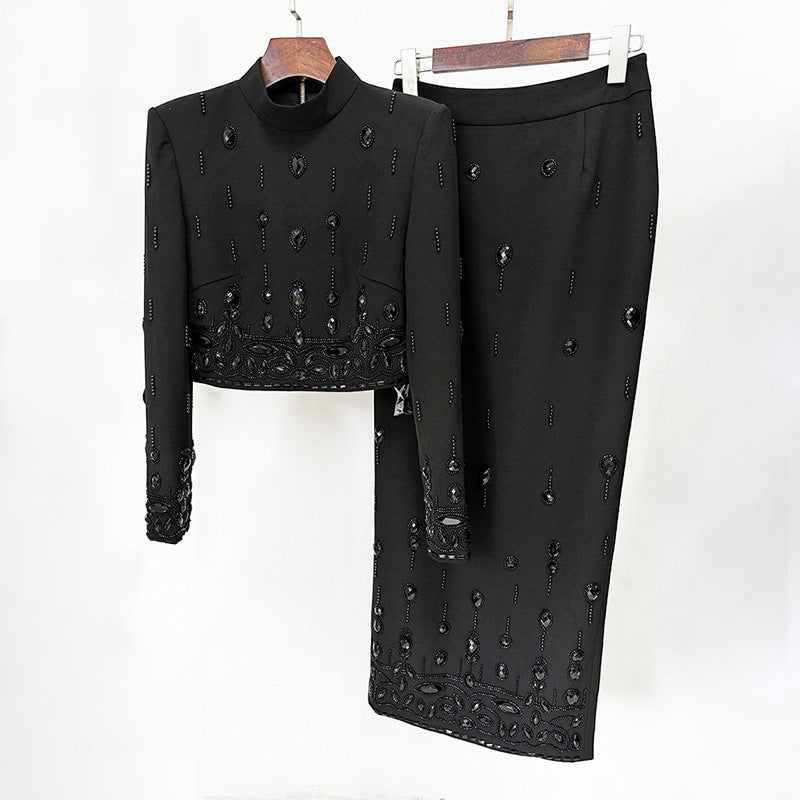 Handmade Beading Short Jacket Skirt Sets Outfits New Designer Long Dress Set White Black Yellow Slim Suits for Women Wedding