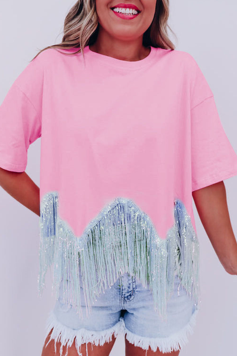 Cropped T-shirt met franjes pailletten en korte mouwen