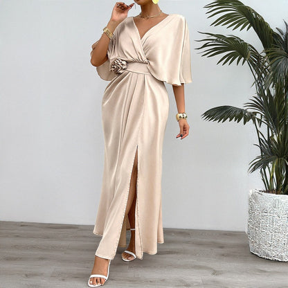 European and American spring and summer women's clothing temperament pure desire V-neck batball sleeve dress