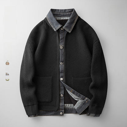 Mens Denim Patchwork Knit Cardigan