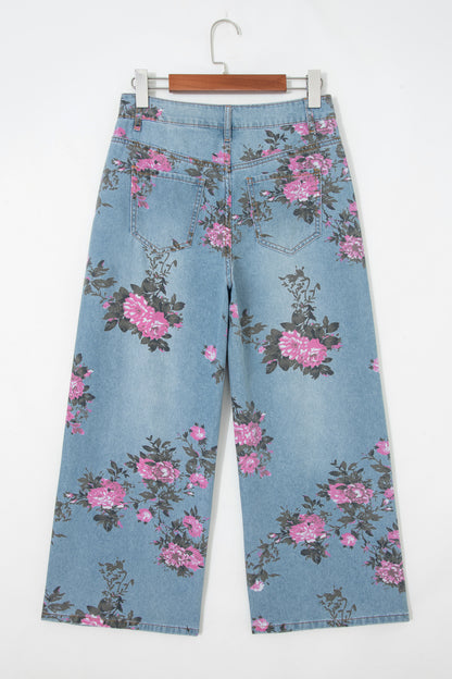Sky Blue Garden bloemenprint bootcut jeans met hoge taille