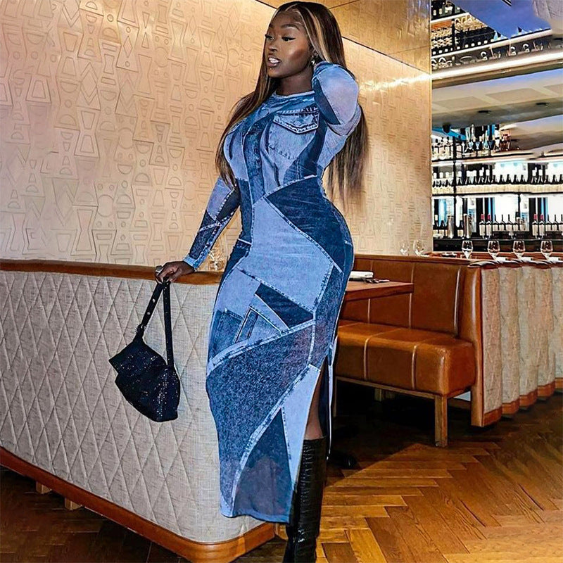 Summer Blue Denim Print Long Sleeve Maxi Dresses Vacation Outfits For Women  Streetwear O Neck Bodycon Long Dress