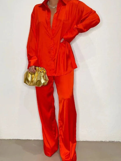 Elegant Satin Women's Matching Sets Casual Long Sleeve Shirt Straight Pants Suit Female  Loose Solid Tops Two Pieces Outfits