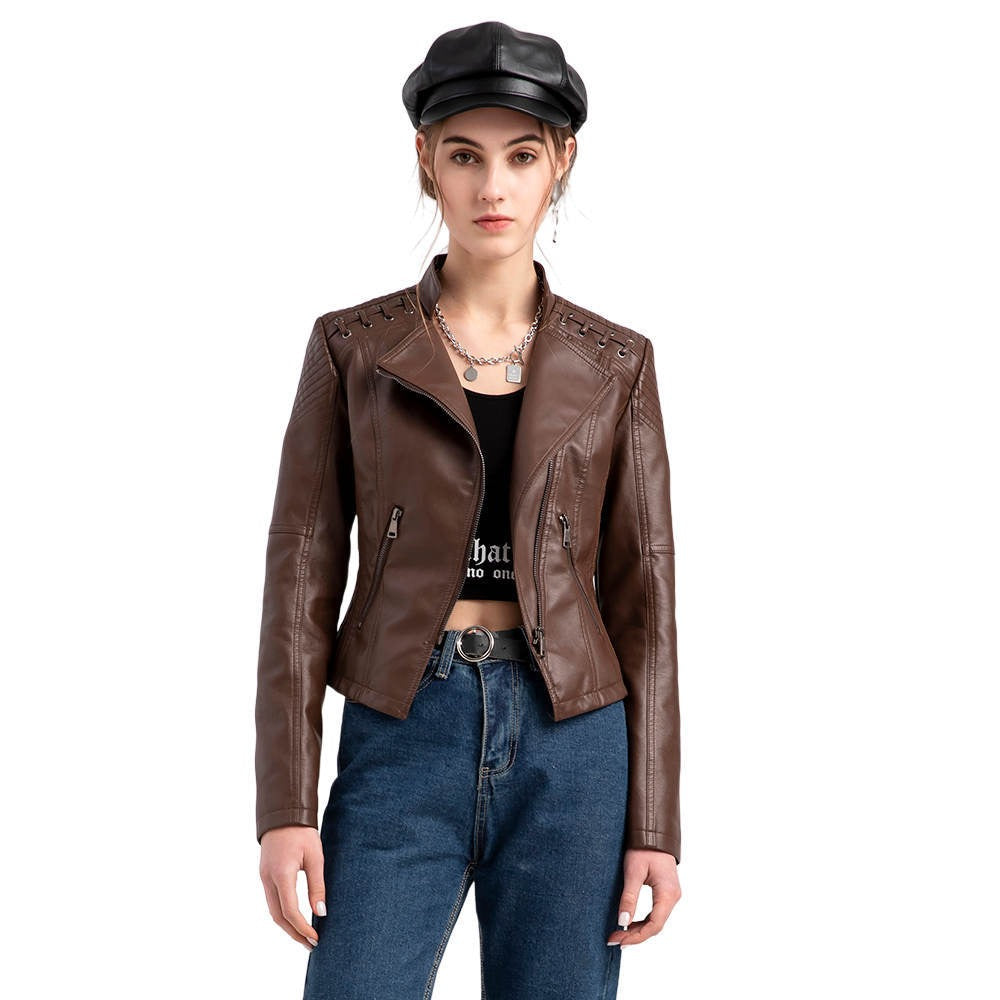 PU-leren korte slim fit damesjack met ritssluiting