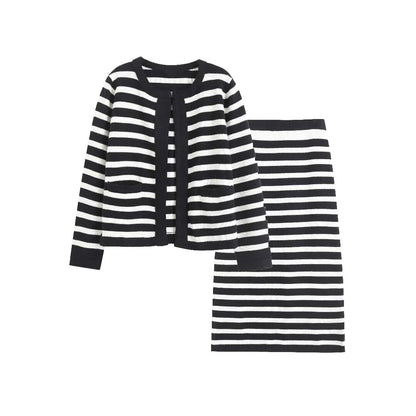 TRAF Women Skirt Sets Fashion Striped Knitted Cardigan Sweater+Mini Skirts Long Sleeve Casual Female clothing 2 pieces set