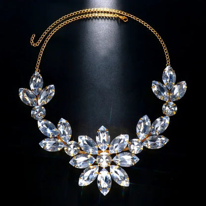 Flower Pendant Exaggerated Rhinestone Necklace Wedding for Women Statement Chain Large Crystal Collar Choker Party Jewelry