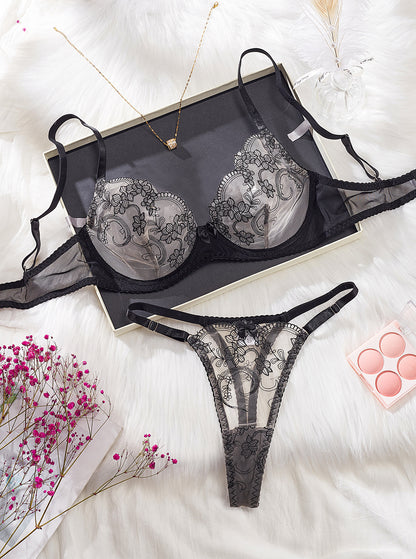 Floral Embroidery Underwire Push-Up Lingerie Set