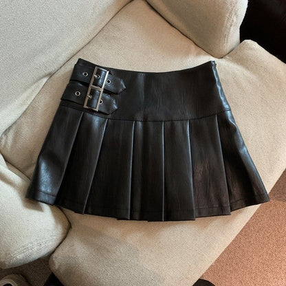 Womens High Waist Pleated PU Skirt