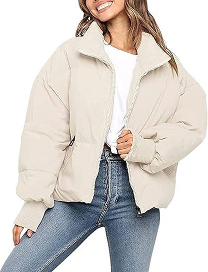 Womens Short Puffer Cotton Jacket Loose Fit Solid Color
