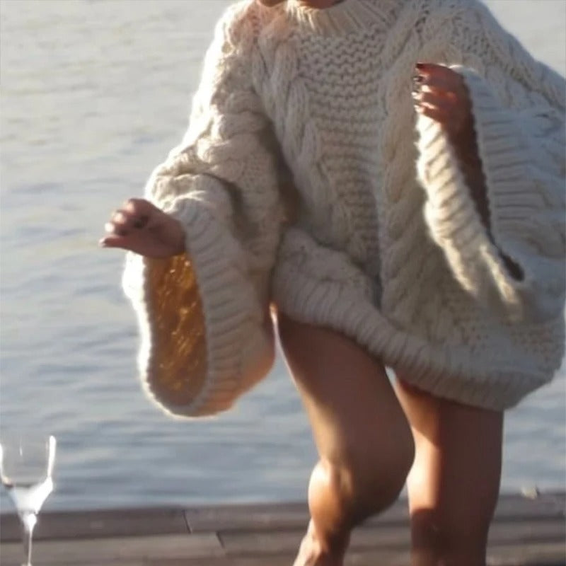 Womens Round Neck Flared Sleeve Cable Knit Loose Fit Sweater