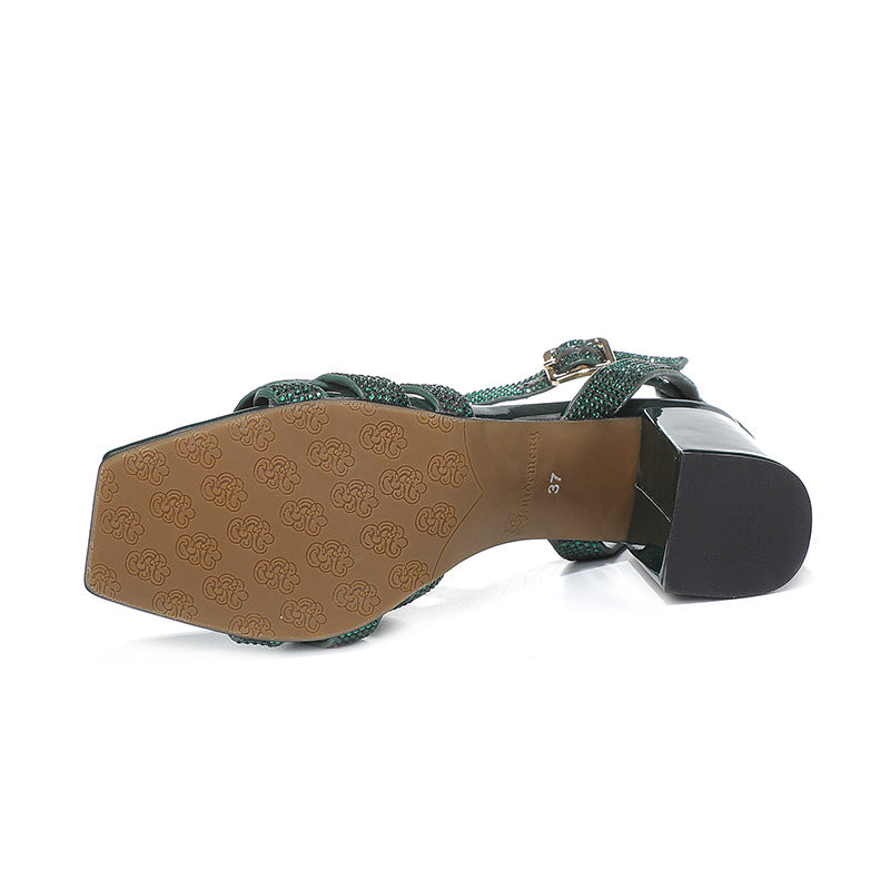 Women's Rhinestone Roman Sandals with Square Toe