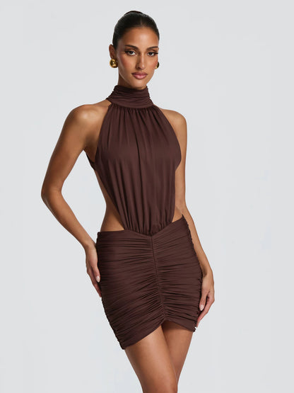Women's Halter Neck Cut-Out Ruched Bodycon Mini Dress Sleeveless