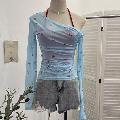 Two-Piece Set: Off-the-Shoulder Short Top with Long-Sleeve Sunscreen Cover-Up