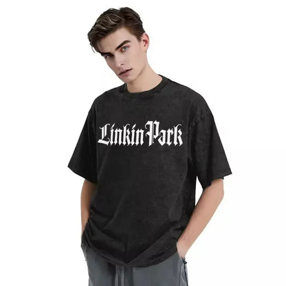 Summer Letter Pattern Printed T-Shirt Cotton Washed Vintage Distressed Short Sleeve Trendy Hip Hop Top
