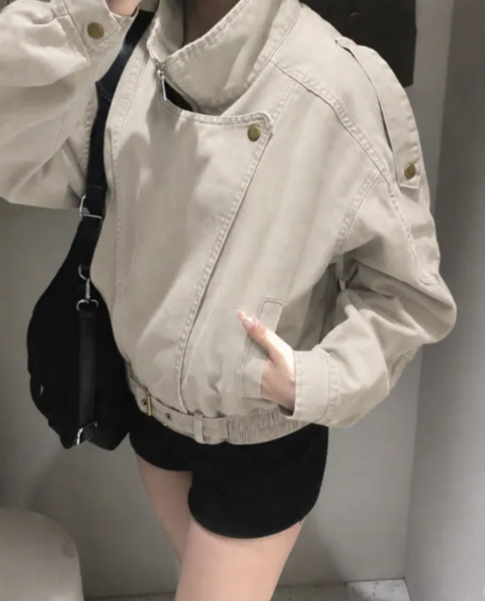 New vintage stand collar motorcycle coat