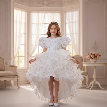 European and American Girls' Puff Short-Sleeved Dress with Three-Dimensional Flower Wedding Dress Children's Formal Dress Multi-Layered Cake Train Dress