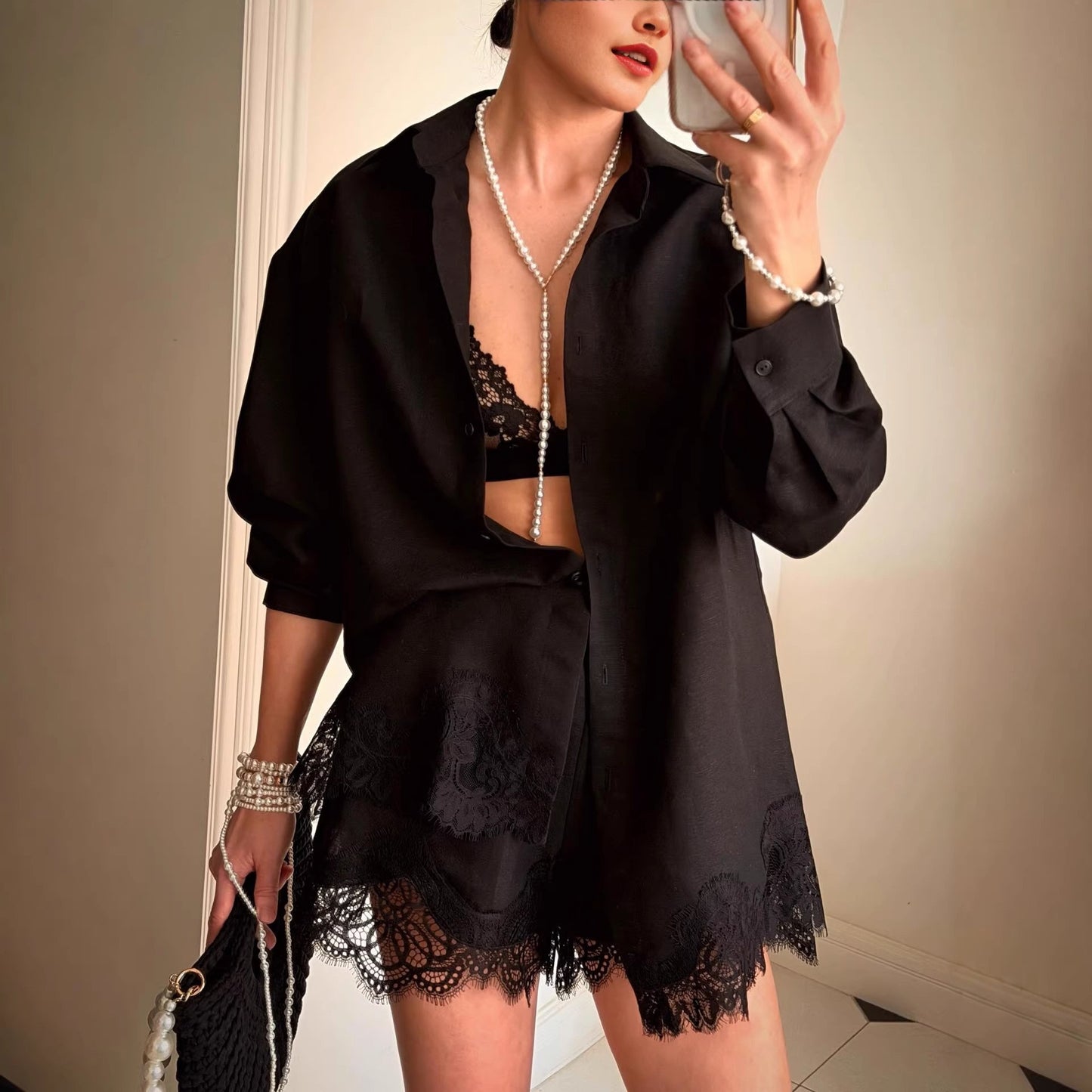 Women's Lapel Collar Blouse and Shorts Set