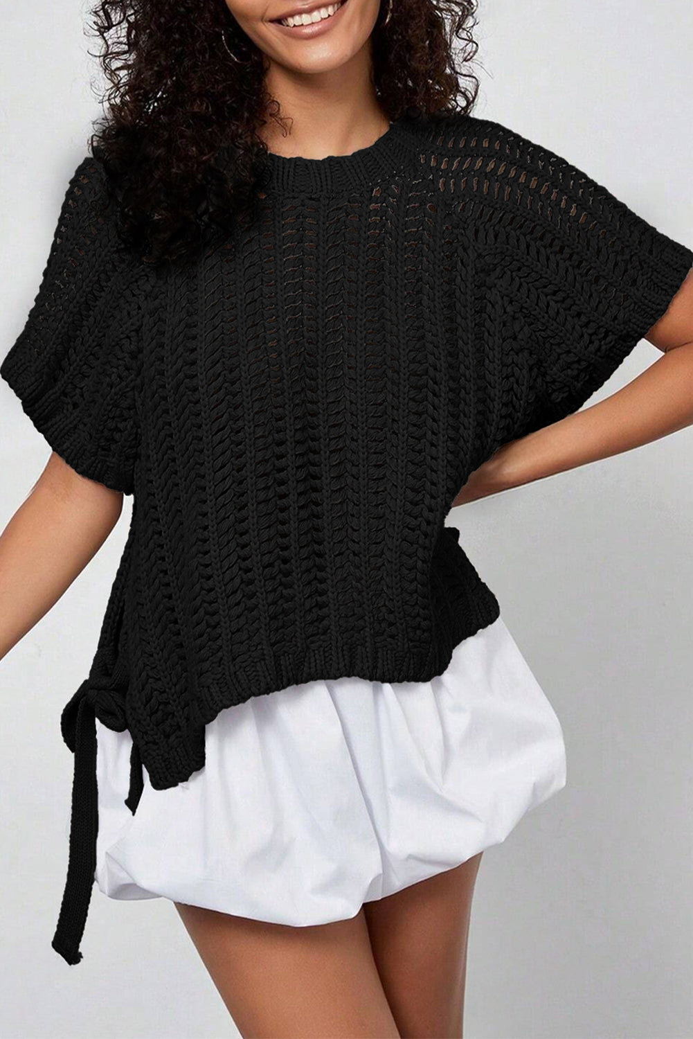 Plus size open gebreide trui met strik en korte mouwen