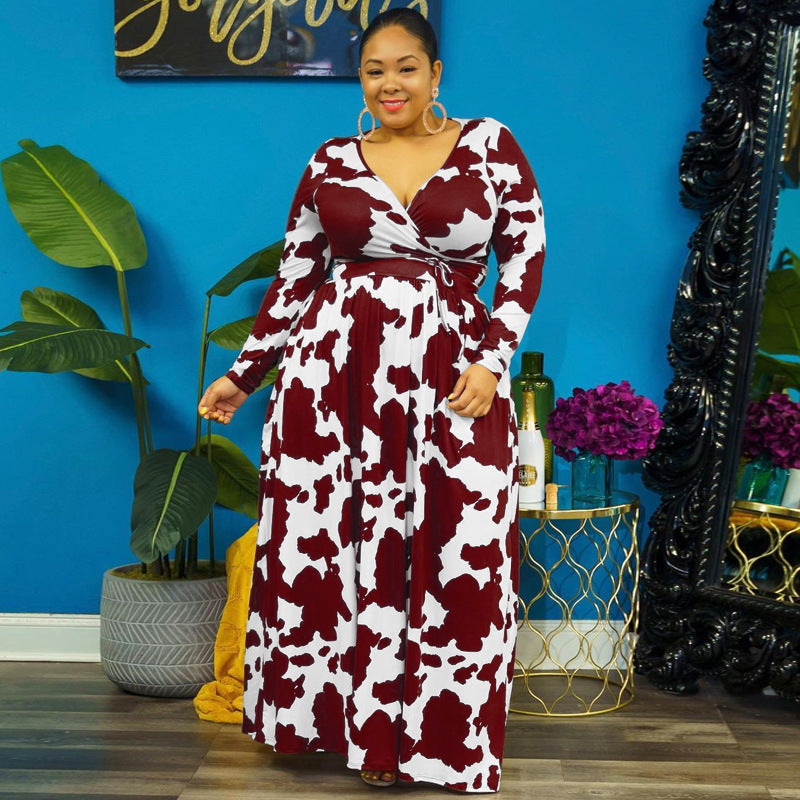 Modieus bedrukte wikkel maxi-jurk met lange mouwen zakken en hoge taille plus size