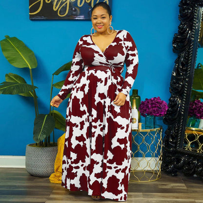 Modieus bedrukte wikkel maxi-jurk met lange mouwen zakken en hoge taille plus size