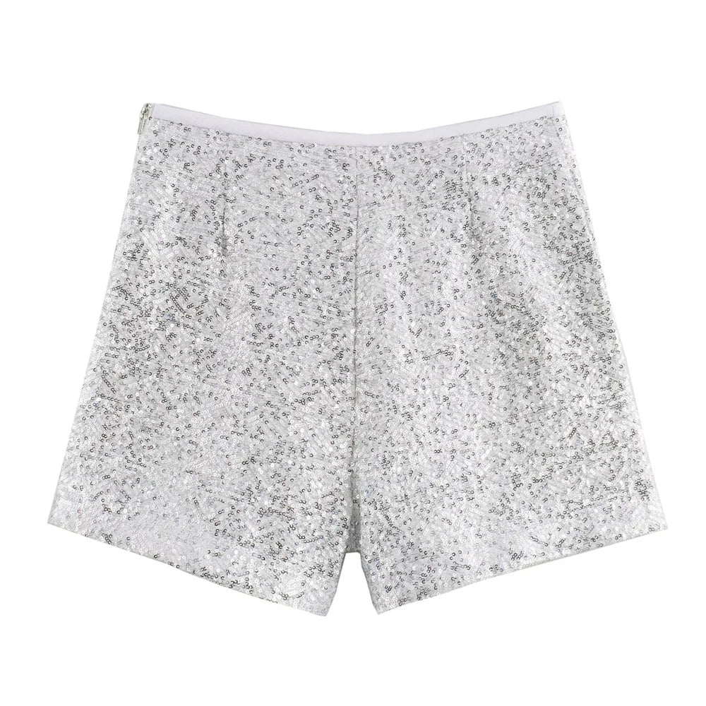 Summer New casual women's V-neck long sleeved sequined suit jacket casual high waisted shorts set