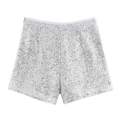 Summer New casual women's V-neck long sleeved sequined suit jacket casual high waisted shorts set