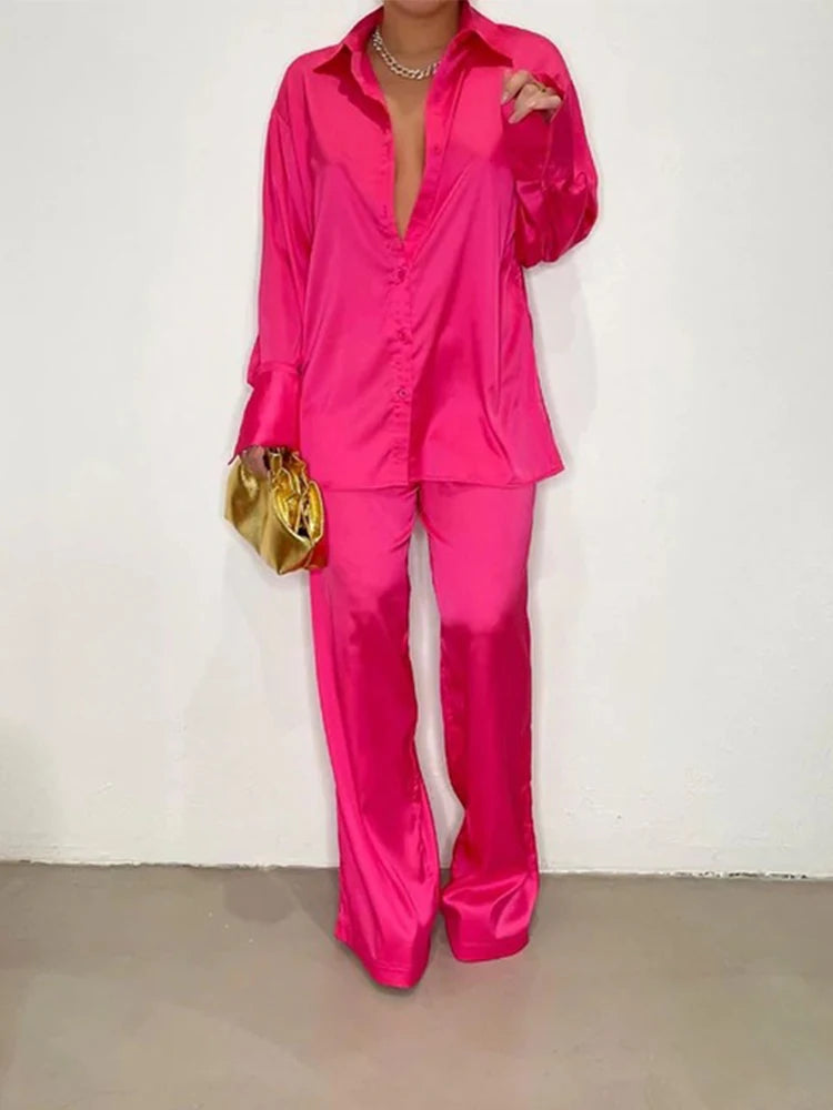 Elegant Satin Women's Matching Sets Casual Long Sleeve Shirt Straight Pants Suit Female  Loose Solid Tops Two Pieces Outfits