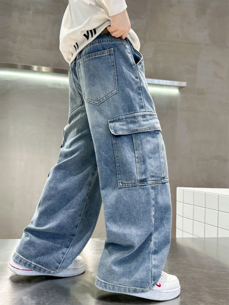 Losse denim cargo broek voor jongens