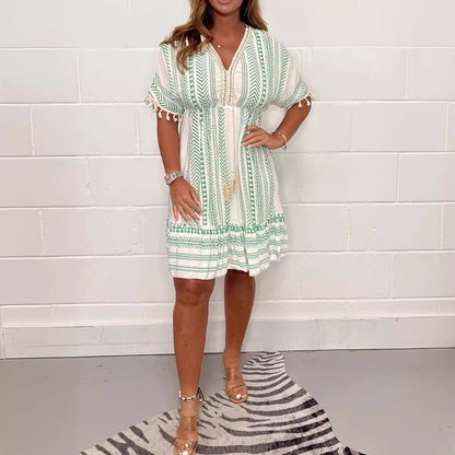 Fashion Style Printed Lace Trim V-Neck Short Sleeve Dress
