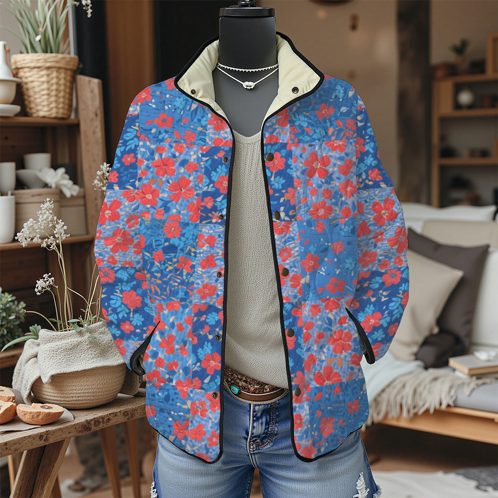 Women's Pleated Floral Digital Print Cotton Jacket Long Sleeve Stand Collar Outerwear
