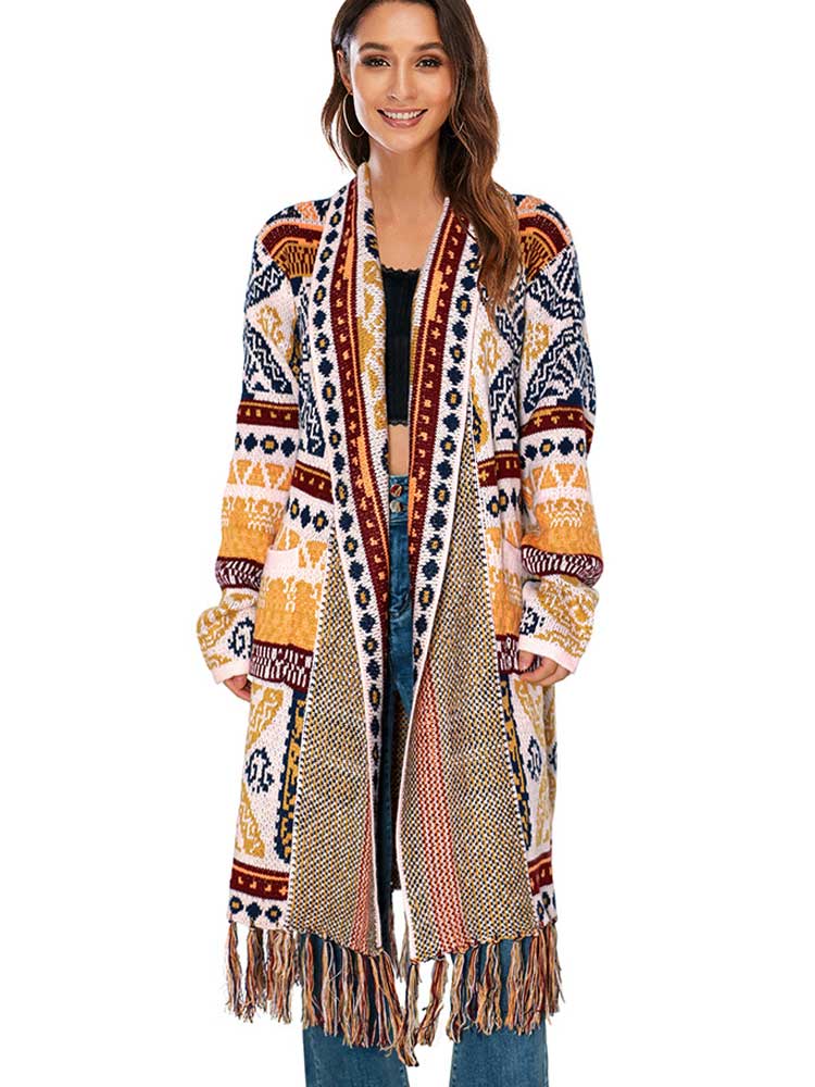 Gebreide bohemian lange cardigan met kwastjes voor dames