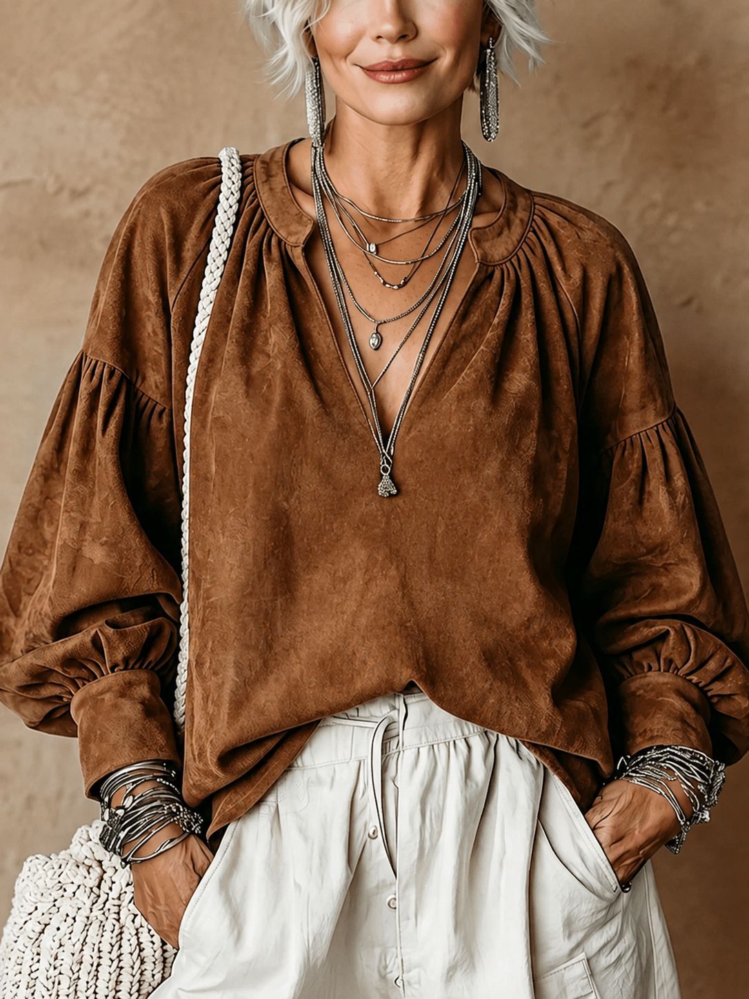 Women's Retro Ruched V-Neck Suede Loose Top