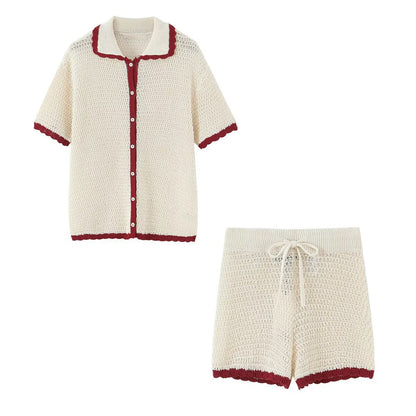 Women's Clothing Polo Shirt Knit Jacket + Knit Shorts Set