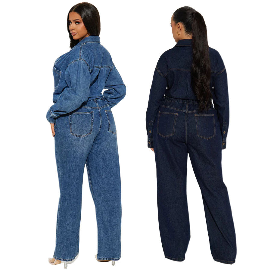 Slim fit elastic loose long sleeved denim jumpsuit