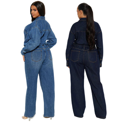 Slim fit elastic loose long sleeved denim jumpsuit
