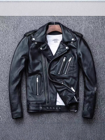 Men's leather jacket with water-washed finish, motorcycle-style men's leather jacket
