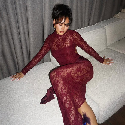 Kanten strik ronde hals lange mouwen jurk met cut out