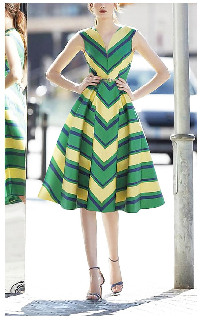 Tingfly Runway Designer Gestreepte Zomerse Mouwloze Retro Feestjurk